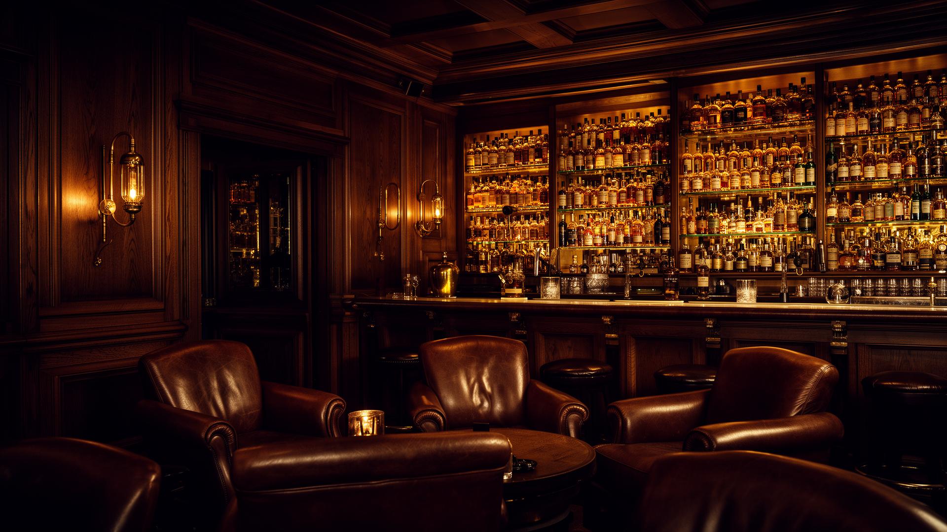 The Oak Lounge whisky bar interior at night